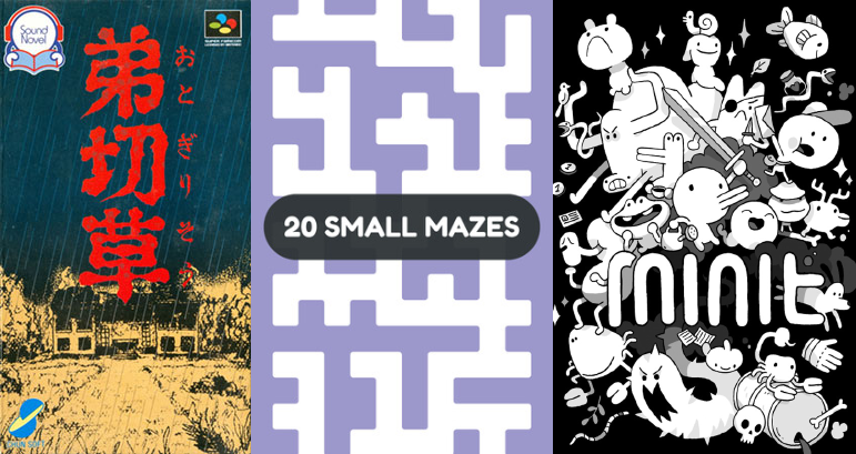 Collage of cover art for Otogirisou (Super Famicom version), 20 Small Mazes, and Minit.